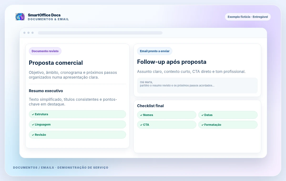 Exemplo fictício de conteúdo e documentos